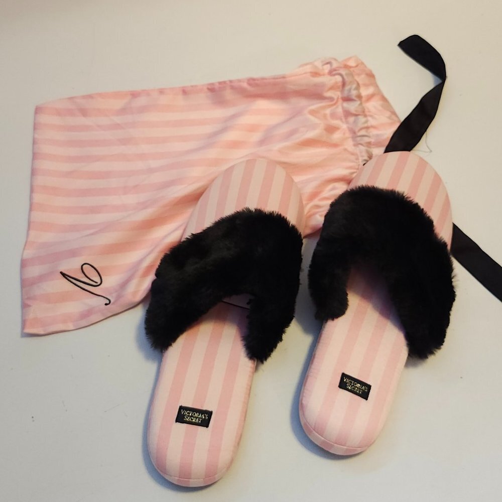 Victoria’s Secret Og Pink Pin Striped Women’s Slippers In Size Large w/Bag NEW